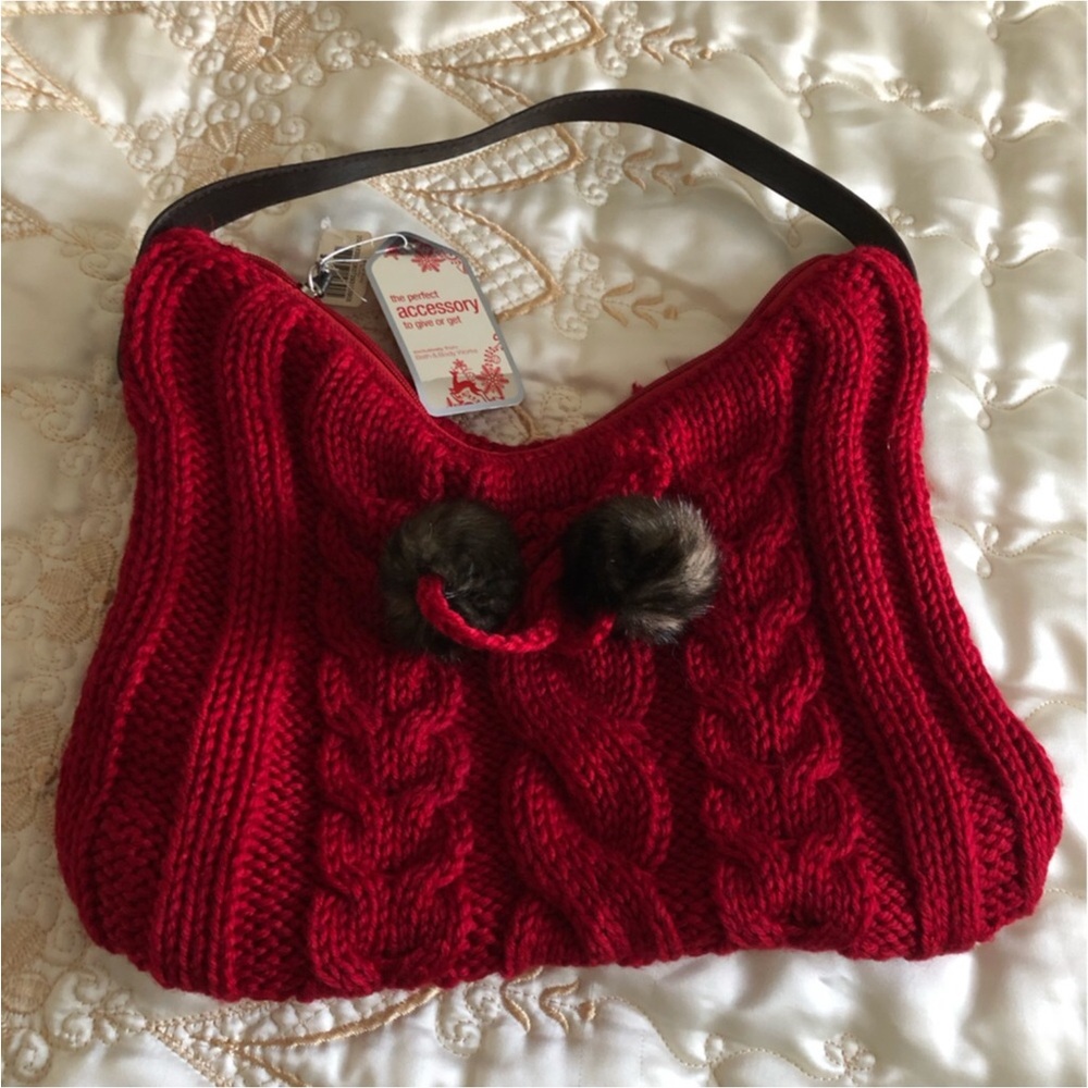 Small Red Cable knit shoulder bag with Fur Pom Poms Top handle Sweater Bag